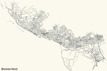 Black simple detailed street roads map on vintage beige background of the quarter Nord (North) district of Bremen, Germany