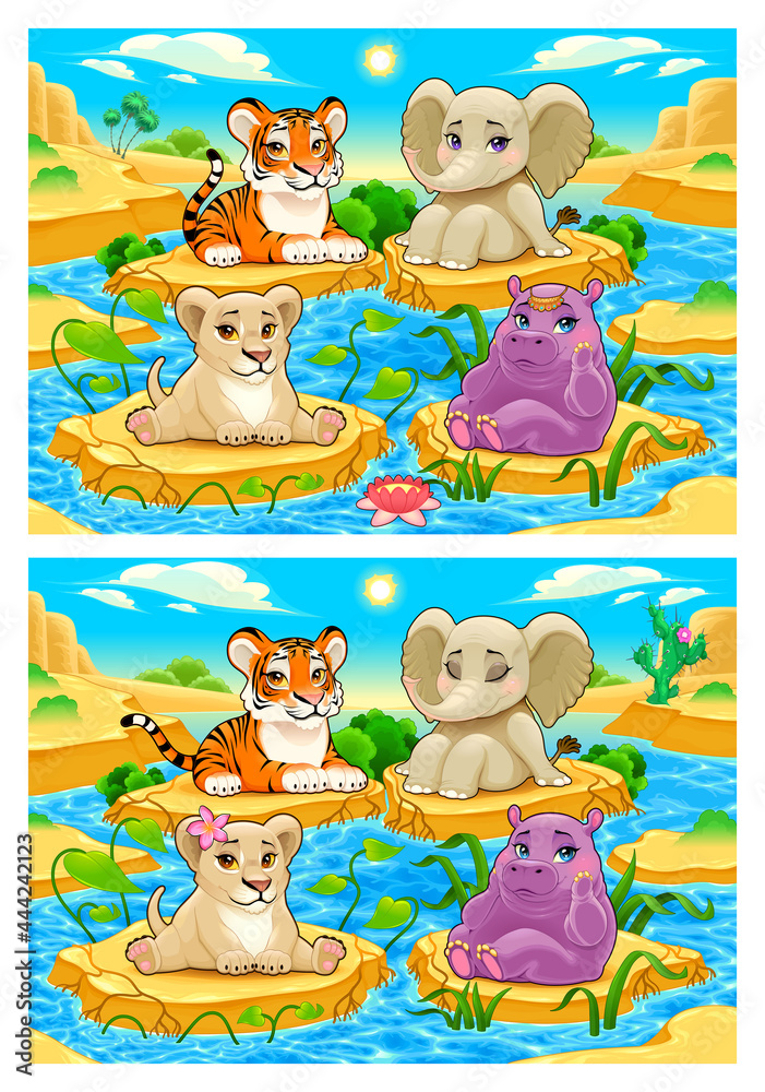 Aufkleber spot the differences. two images with seven changes between them, vector and cartoon illustrations