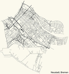 Obraz premium Black simple detailed street roads map on vintage beige background of the quarter Neustadt subdistrict of Bremen, Germany