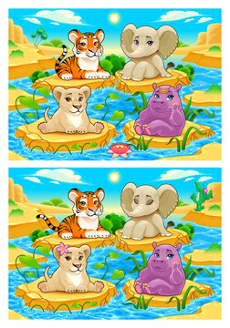 Spot the differences. Two images with seven changes between them, vector and cartoon illustrations
