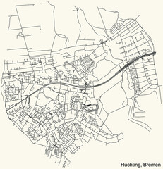 Fototapeta na wymiar Black simple detailed street roads map on vintage beige background of the quarter Huchting subdistrict of Bremen, Germany