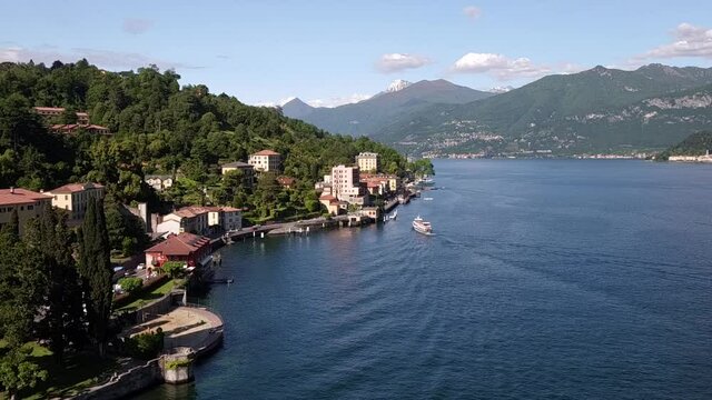 Aerial Drone Footage View Of Bellagio in Como’s lakes, Lecco lake, House on bay ,in Lombardia Italy Europe Alps // no video editing