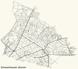Fototapeta na wymiar Black simple detailed street roads map on vintage beige background of the quarter Schwachhausen subdistrict of Bremen, Germany