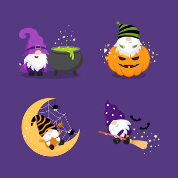 Cute gnomes clip art for Halloween day. Little witch dwarf. Flat vector cartoon design