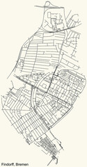 Black simple detailed street roads map on vintage beige background of the quarter Findorff subdistrict of Bremen, Germany