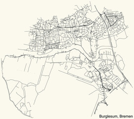 Black simple detailed street roads map on vintage beige background of the quarter Burglesum subdistrict of Bremen, Germany