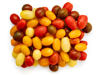 Cherry tomatoes of different colors isolated on the white background, yellow, orange, red, green