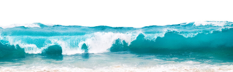 Powerful ocean blue waves with white foam isolated on a white background. Banner format. - 444243554