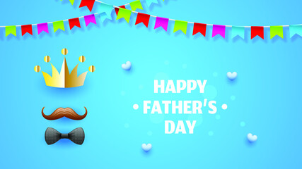 Happy Father's Day Greeting Mustache Bow Tie Crown Ribbons Background. Vector Design Banner Party Invitation Web Poster Flyer Stylish Brochure, Greeting Card Template