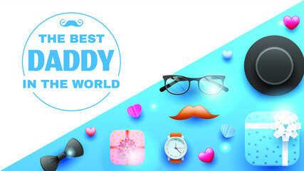 Happy Father's Day Greeting Glasses Gift Mustache Background. Vector Design Banner Party Invitation Web Poster Flyer Stylish Brochure, Greeting Card Template