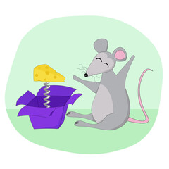 A cute mouse opens a gift. Vector illustration