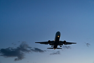 Fototapeta na wymiar The plane comes in for landing at sunset