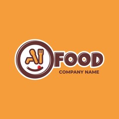 Obraz premium Logo elements: fork, spoon, tongue, lip and plate. Collocation: 'i' and 'food'. Vector.