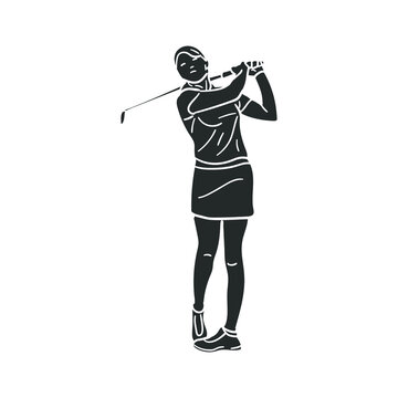 Golf Woman Icon Silhouette Illustration. Sport Player Vector Graphic Pictogram Symbol Clip Art. Doodle Sketch Black Sign.