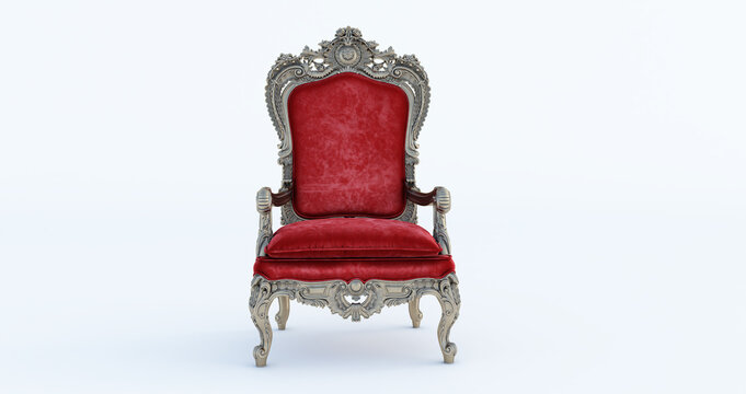 3D render of Classic baroque armchair throne in bronze and red colors isolated on white background.