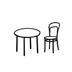 Black Vector outline illustration of a room with a table and a chair on a white wall background