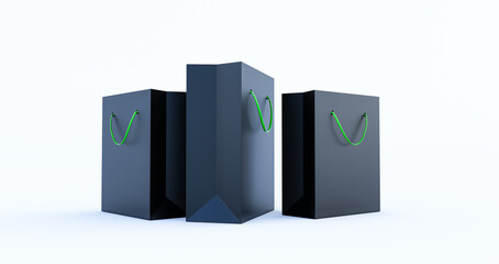 3d render of Black Paper Bag Template with green handle rope, Isolated on white background