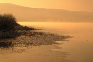 A gentle sunset in warm orange tones. Late fall. First frosts. Trees covered with frost and snow bent over the icy water.