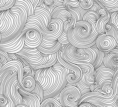 Abstract vector seamless pattern with waving curling lines, "sea waves" effect	
