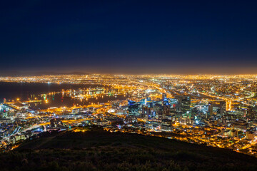 Panoramic scenic view cityscape of Cape Town, South Africa by night.