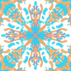 Yellow and cyan ethnic ornament. Kaleidoscope. Seamless pattern. Oriental motives, bright, colored mandala. Abstract pattern for textiles, fabrics, decor, packaging, clothing.