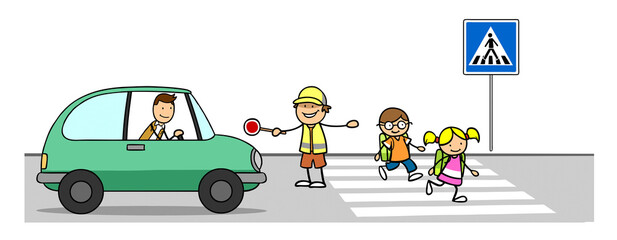 Schülterlotse hilft Schulkindern über Zebrastreifen