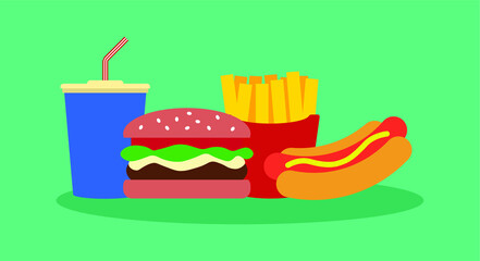 Fast food vector illustration. Junk food icon. Hot dog, french fries, hamburger, and soft drink.