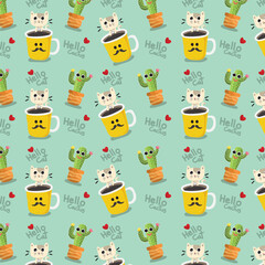 pattern postcard banner cartoon cat and cactus cute vector illustration background 04