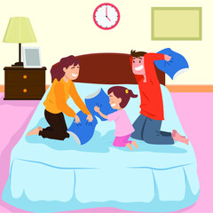 Happy family at home concept: Happy Father, Mother, son and daughter having a pillow fight in bedroom vector illustration