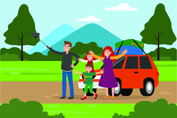 Happy family roadtrip concept: Happy Father, Mother, son and daughter taking selfie on a road trip vector illustration