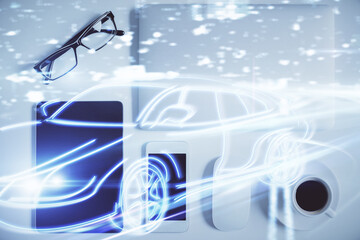 Multi exposure of auto technology theme drawing over table with phone. Top view. Concept of automatic pilot.
