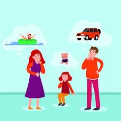 Family wishful thinking concept: Happy Father, Mother, and daughter wishful thinking vector illustration