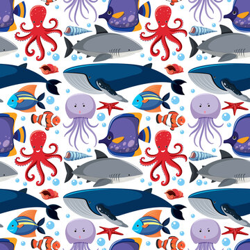 Cartoon Sea Life Seamless Pattern with Sea Animals