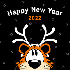 Cartoon tiger with Christmas deer antlers on a black background. Happy new year banner. Vector, illustration
