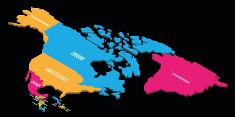 Isometric political map of North America. Colorful land with country name labels on white background. 3D vector illustration