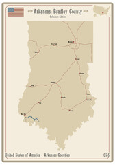 Map on an old playing card of Bradley county in Arkansas, USA.