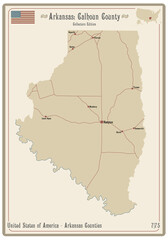 Map on an old playing card of Calhoun county in Arkansas, USA.