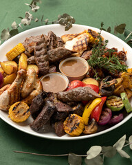 Platter with mixed grilled meat and vegetables on green background. Tasty lunch. Vertical format. Soft focus.