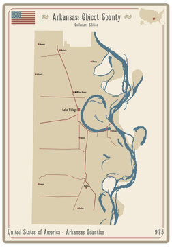 Map on an old playing card of Chicot county in Arkansas, USA.