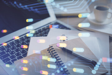 Double exposure of technology theme drawing and desktop with coffee and items on table background. Concept of data research.