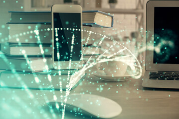 Double exposure of DNA drawing and cell phone background. Concept of medical education