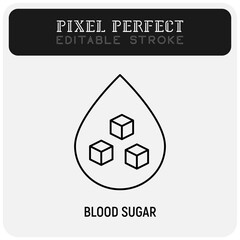 Blood sugar thin line icon. Droplet of blood with pieces of sugar inside. Diabetes diagnostics. Pixel perfect, editable stroke. Vector illustration.