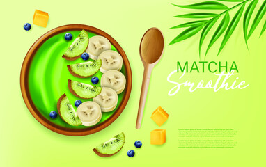 Matcha smoothie bowl vector realistic mock up. Banana and fruits on top. Green healthy organic food