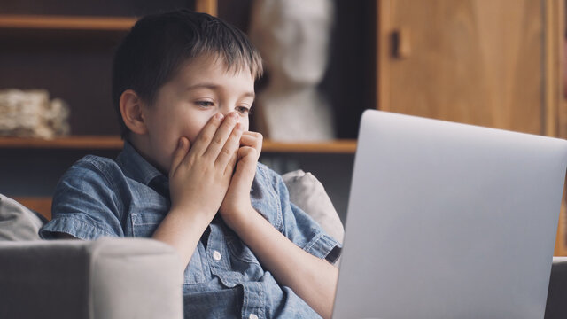 Child Studying From Home. Remote Learning Online. Education Self Isolation. Quarantine Lockdown Staying Safe In House Living Room For Protection From Coronavirus Covid-19