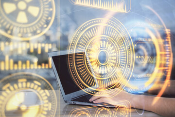 Double exposure of woman hands typing on computer and technology theme drawing. High Tech concept.