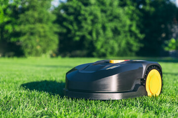 Robotic Lawn Mower cutting grass in the garden. Automatic robot lawnmower in modern garden on sunny day. - obrazy, fototapety, plakaty