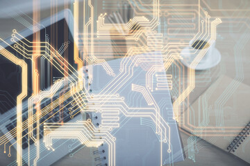 Double exposure of woman hands typing on computer and technology theme drawing. High Tech concept.