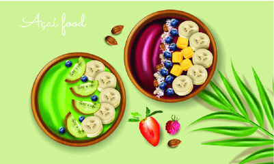 Acai and kiwi smoothie bowl vector realistic mock up. Banana and fruits on top. Green healthy organic foods
