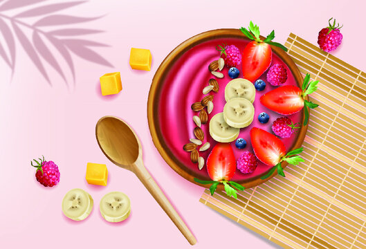 Acai and kiwi smoothie bowl vector realistic mock up. Banana and fruits on top. Green healthy organic foods