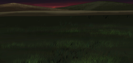 calm and desolate view of a meadow in the evening